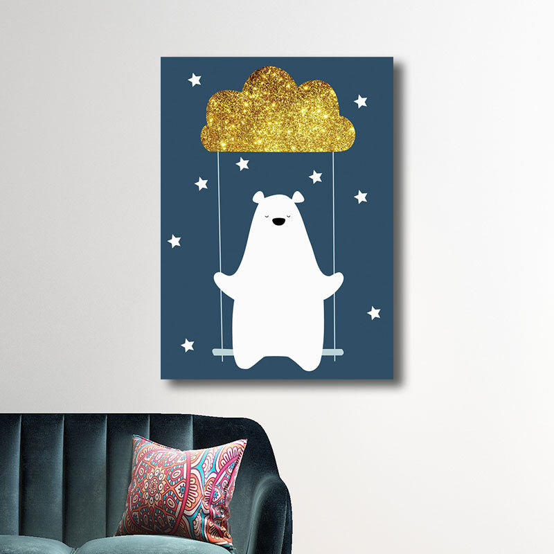 Cute Bear Wrapped Canvas Cartoon Decorative for Children Bedroom Wall Art Decor in Blue