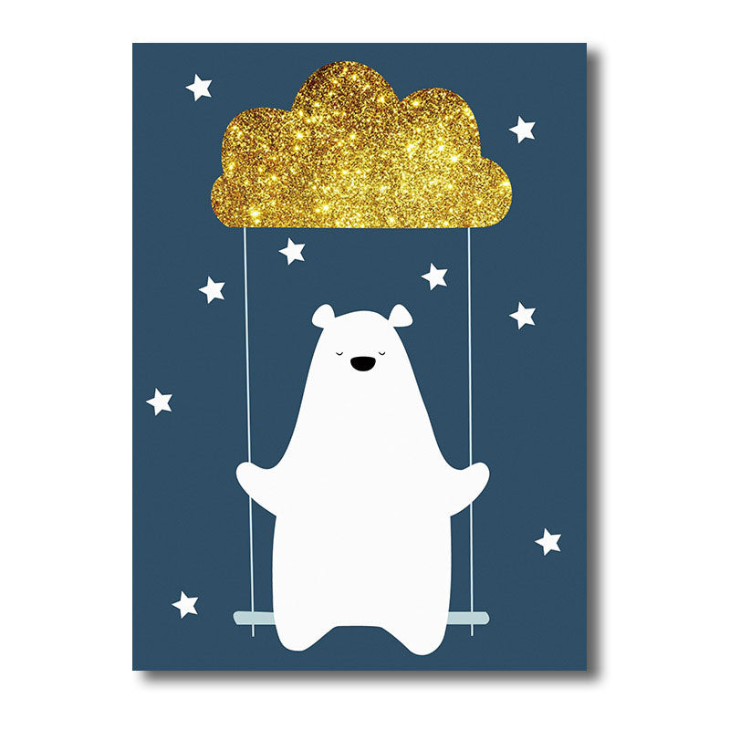 Cute Bear Wrapped Canvas Cartoon Decorative for Children Bedroom Wall Art Decor in Blue