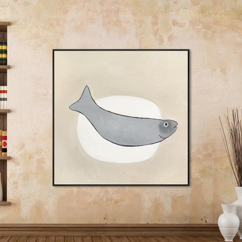 Cartoon Square Wall Art Decor Grey Fish and Elliptical Canvas Print for Dining Room