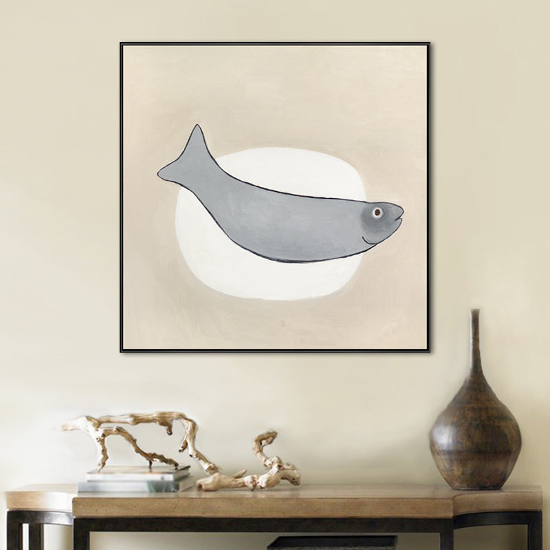 Cartoon Square Wall Art Decor Grey Fish and Elliptical Canvas Print for Dining Room