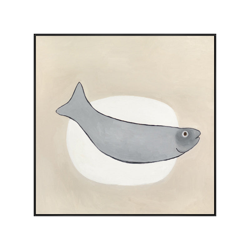 Cartoon Square Wall Art Decor Grey Fish and Elliptical Canvas Print for Dining Room