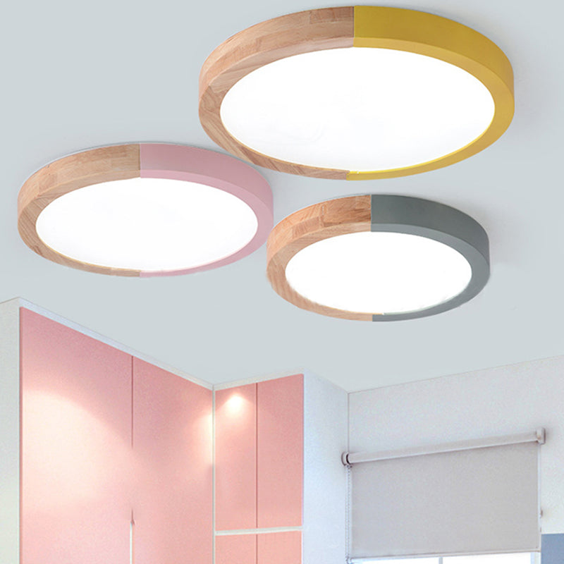 Drum Flush Mount Light, Modern Ceiling Light with Wood and Acrylic Round Shade for Kids Bedroom