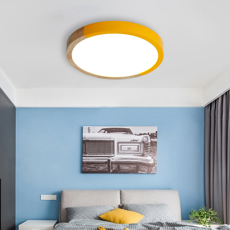 Drum Flush Mount Light, Modern Ceiling Light with Wood and Acrylic Round Shade for Kids Bedroom