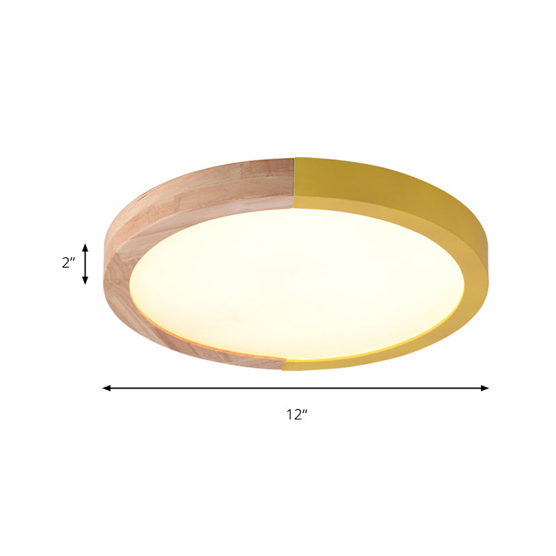 Drum Flush Mount Light, Modern Ceiling Light with Wood and Acrylic Round Shade for Kids Bedroom