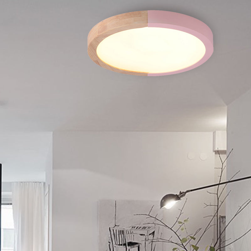 Drum Flush Mount Light, Modern Ceiling Light with Wood and Acrylic Round Shade for Kids Bedroom