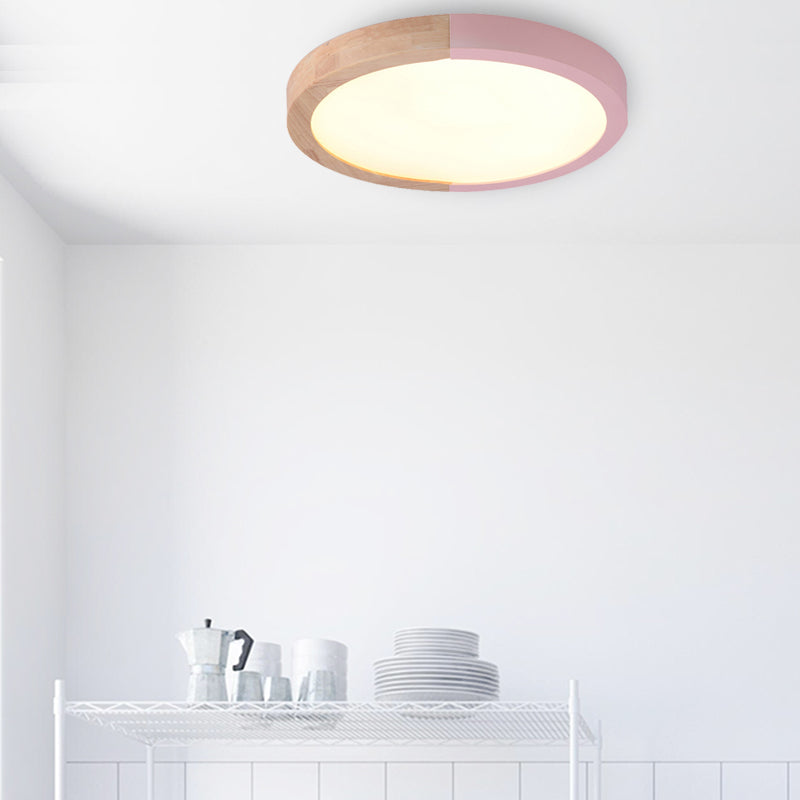 Drum Flush Mount Light, Modern Ceiling Light with Wood and Acrylic Round Shade for Kids Bedroom