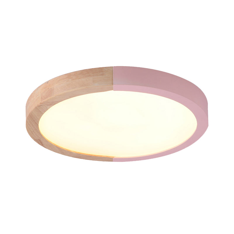 Drum Flush Mount Light, Modern Ceiling Light with Wood and Acrylic Round Shade for Kids Bedroom