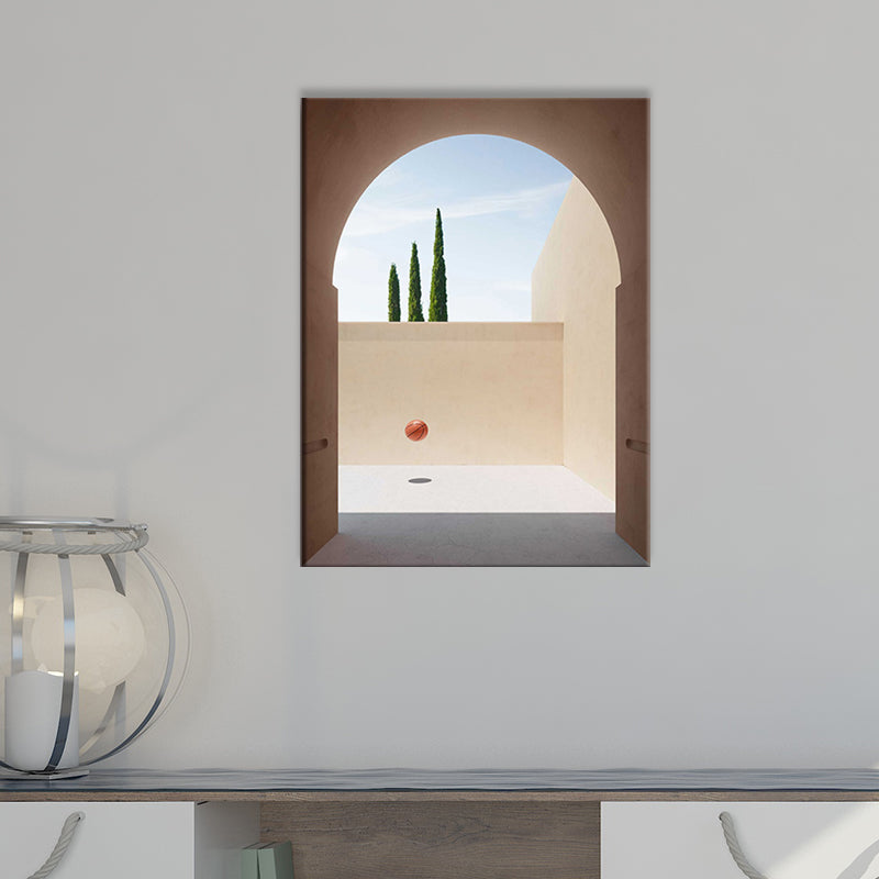 Décoration murale de bâtiment et d'arbre, impression sur toile texturée contemporaine en couleur douce pour chambre à coucher