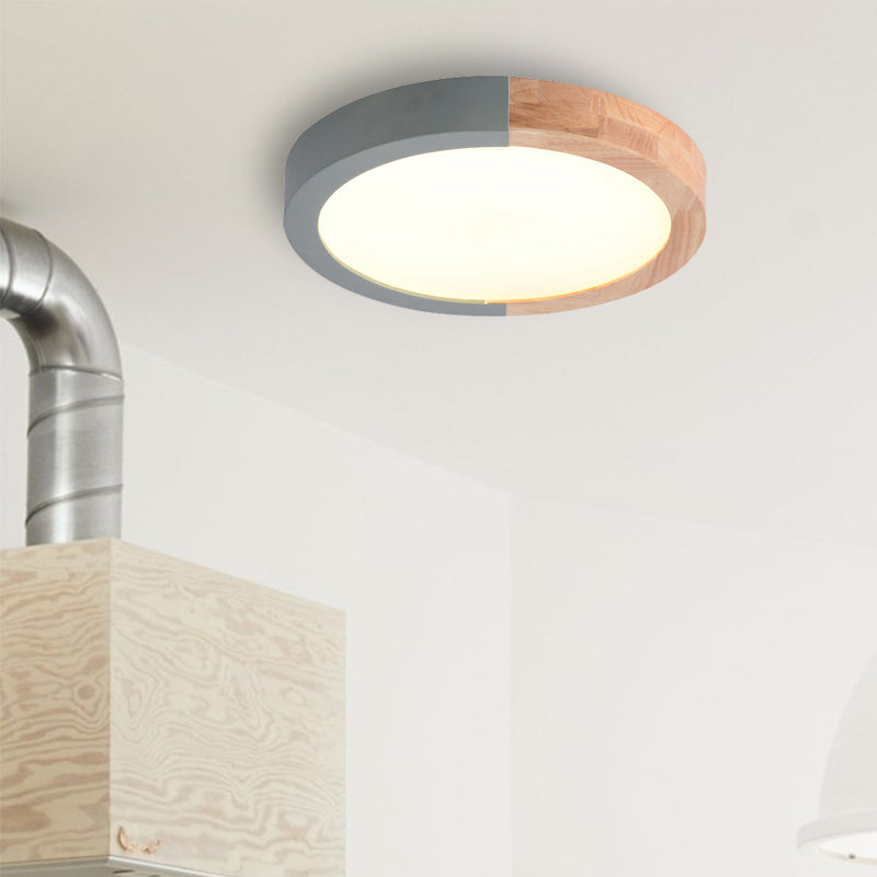 Drum Flush Mount Light, Modern Ceiling Light with Wood and Acrylic Round Shade for Kids Bedroom