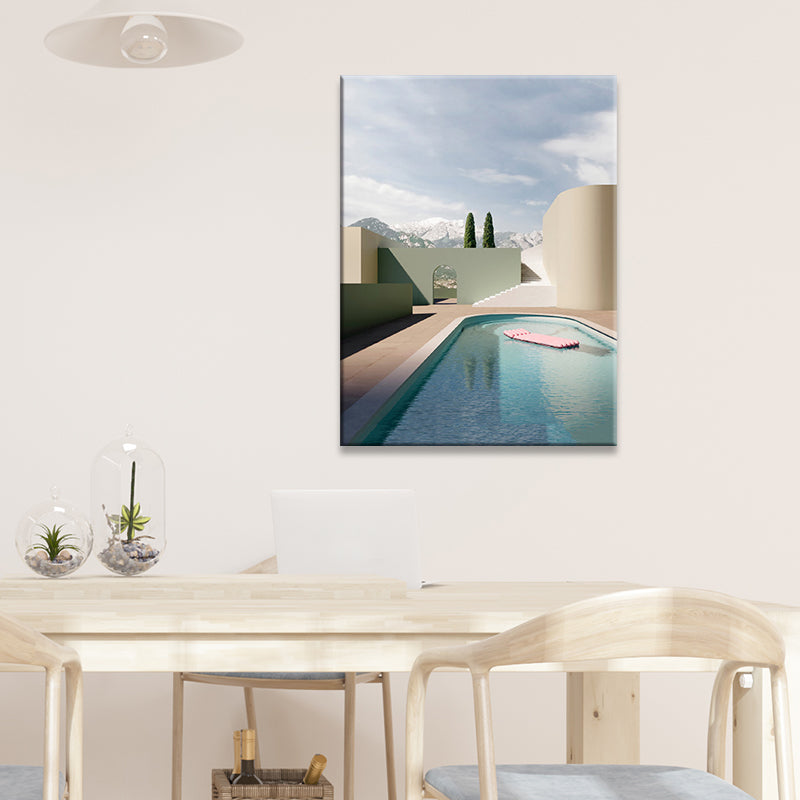 Décoration murale de bâtiment et d'arbre, impression sur toile texturée contemporaine en couleur douce pour chambre à coucher