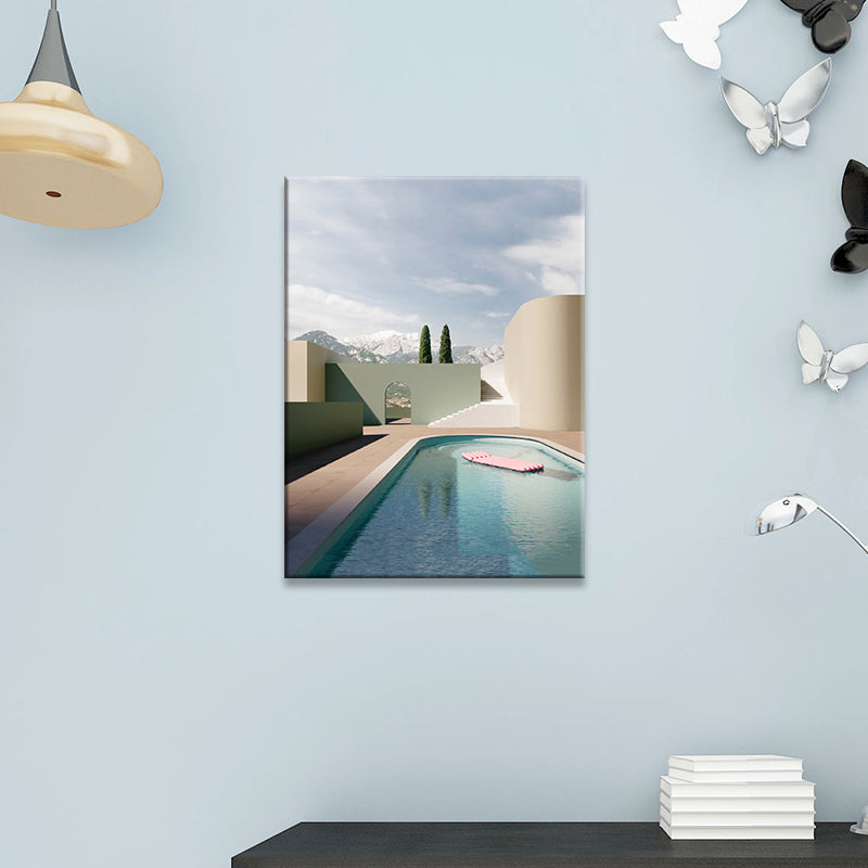 Décoration murale de bâtiment et d'arbre, impression sur toile texturée contemporaine en couleur douce pour chambre à coucher