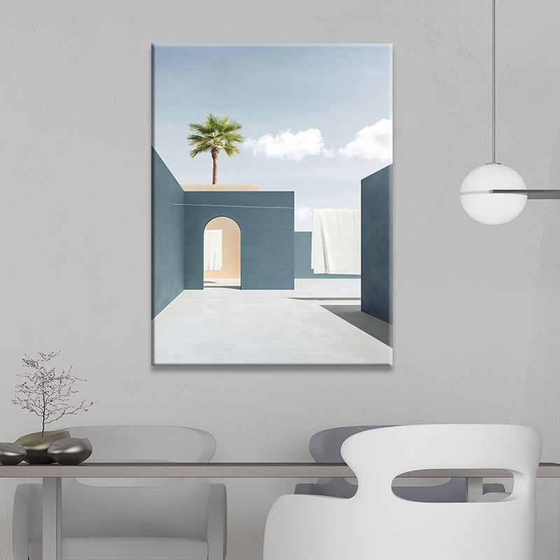 Décoration murale de bâtiment et d'arbre, impression sur toile texturée contemporaine en couleur douce pour chambre à coucher