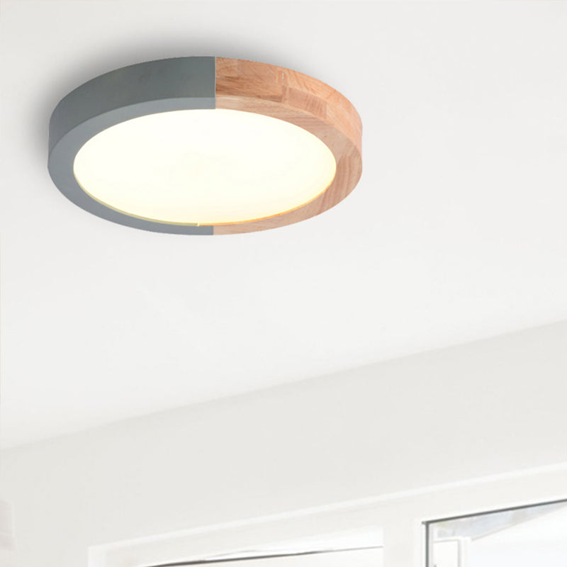 Drum Flush Mount Light, Modern Ceiling Light with Wood and Acrylic Round Shade for Kids Bedroom