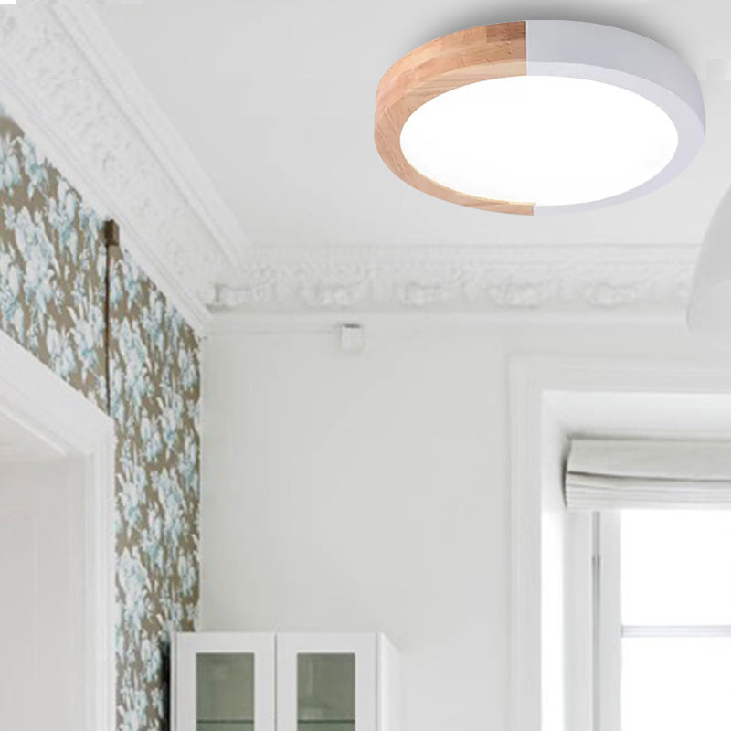 Drum Flush Mount Light, Modern Ceiling Light with Wood and Acrylic Round Shade for Kids Bedroom
