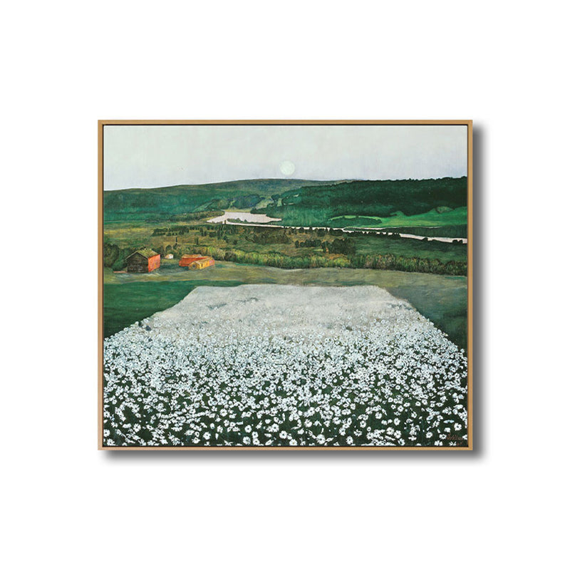 Country Flower Field Canvas Art Green and White Textured Painting for Dining Room
