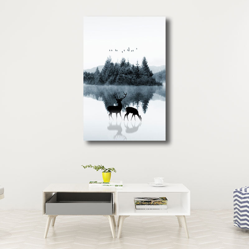 Reflection Wall Decor Contemporary Calming Deer and Forest Canvas Prints in Blue for Guest Room