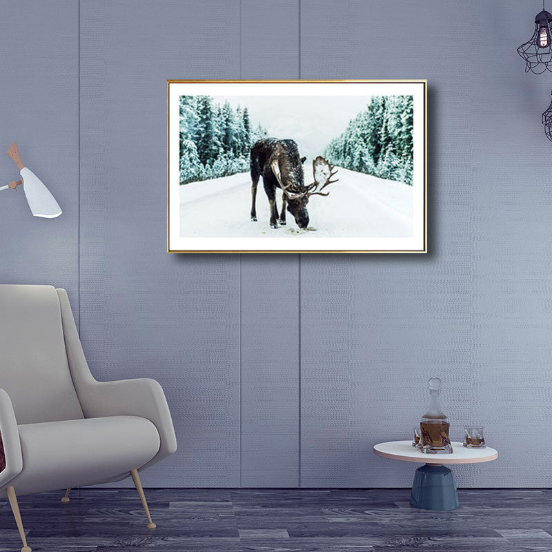 Decorative Reindeer in Forest Painting Canvas Tropics Wall Art Print in Green for Great Room