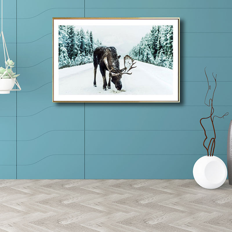 Decorative Reindeer in Forest Painting Canvas Tropics Wall Art Print in Green for Great Room