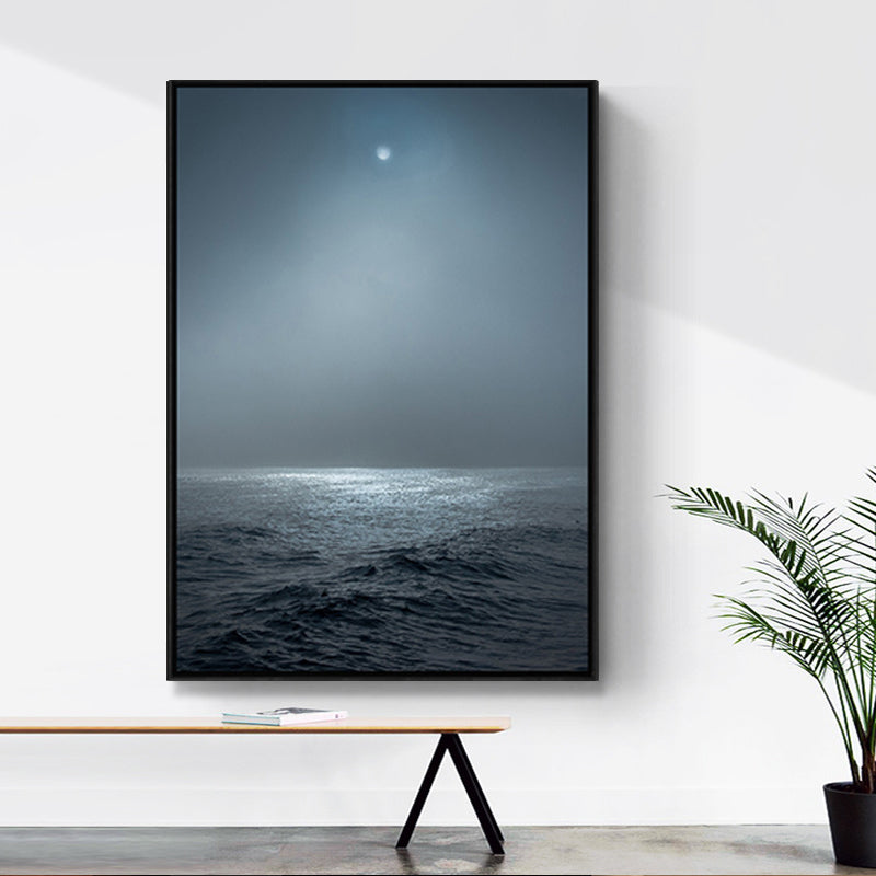 Photograph Style Modern Canvas Wall Art with Sea at Night Pattern in Blue for Bedroom