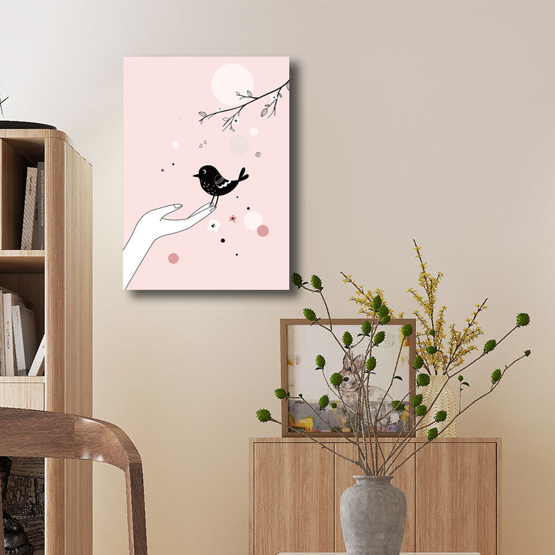 Kids Bird on Hand Canvas Print for Nursery Wall Decor in Pink, Multiple Size Options