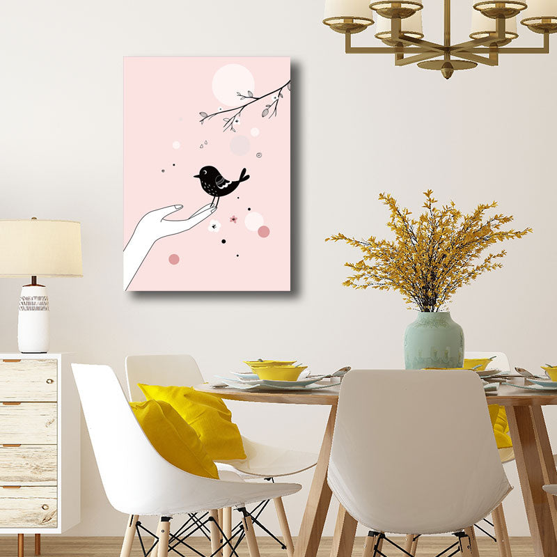 Kids Bird on Hand Canvas Print for Nursery Wall Decor in Pink, Multiple Size Options