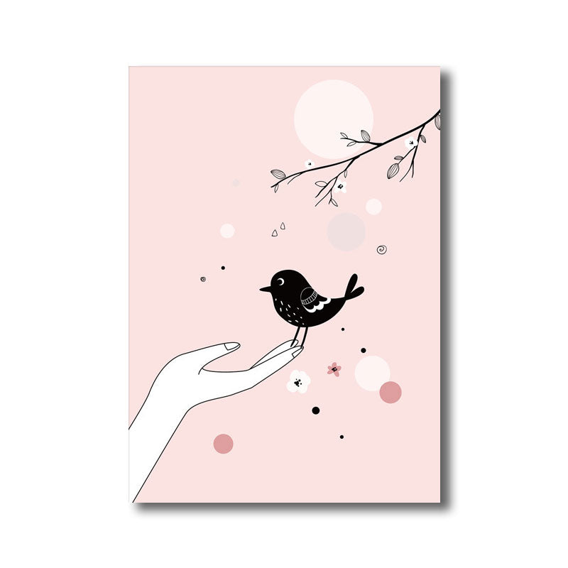 Kids Bird on Hand Canvas Print for Nursery Wall Decor in Pink, Multiple Size Options