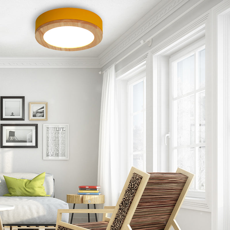 Drum Ceiling Light, Kids Flush Mount Light Fixture with Wood and Acrylic Shade for Bedroom
