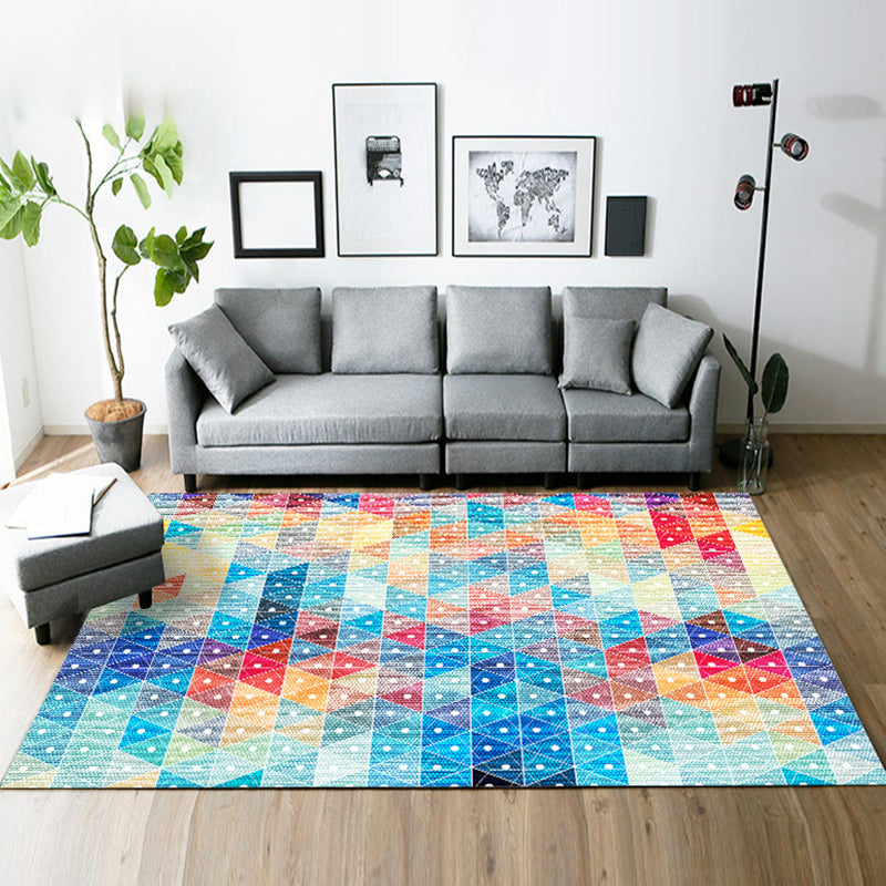 Casual Modern Rug in Blue and Grey Geometry Rectangle Triangle Pattern Rug Polyester Washable Carpet for Home Decor
