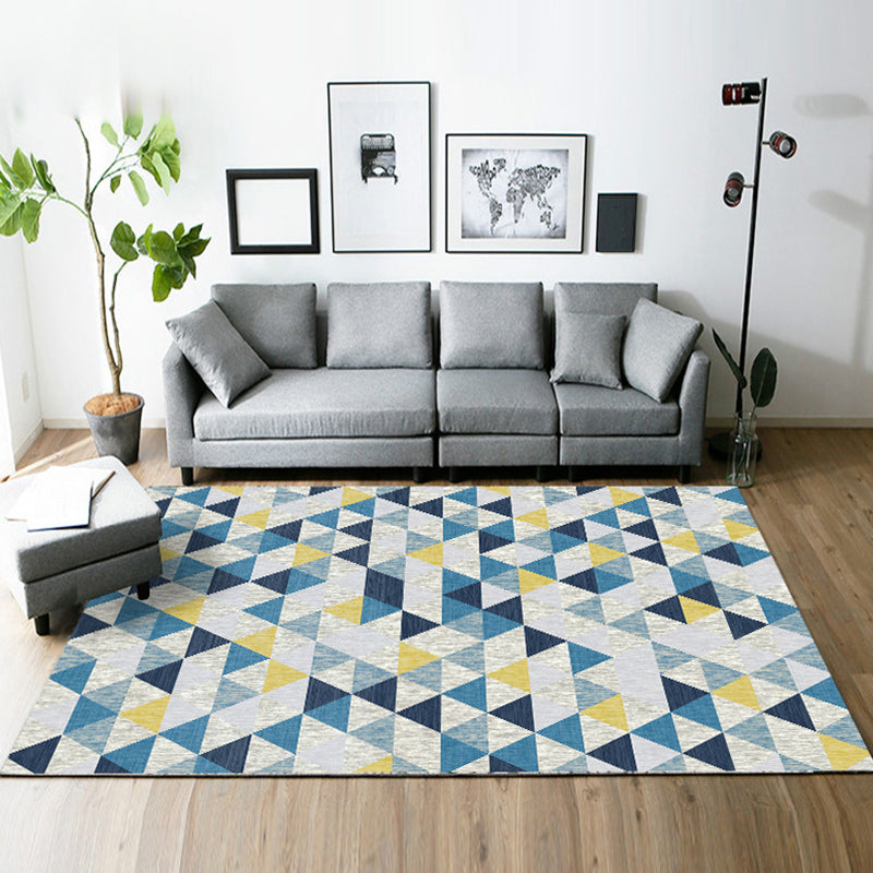 Casual Modern Rug in Blue and Grey Geometry Rectangle Triangle Pattern Rug Polyester Washable Carpet for Home Decor