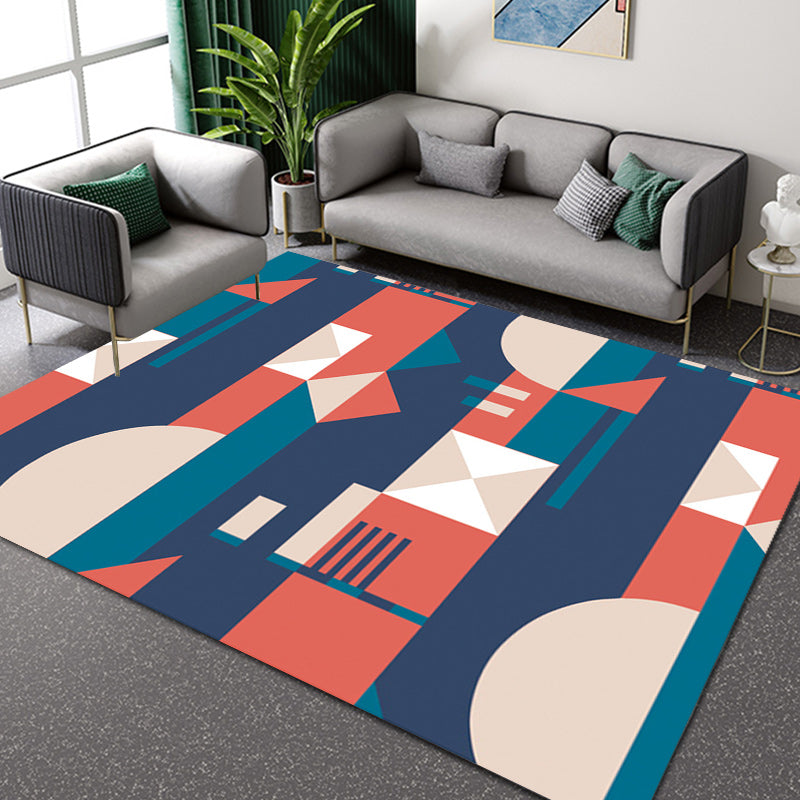 Orange and Blue Bedroom Rug Modern Color Block Pattern Area Rug Polyester Stain-Resistant Carpet