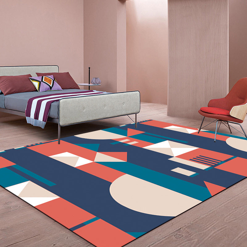 Orange and Blue Bedroom Rug Modern Color Block Pattern Area Rug Polyester Stain-Resistant Carpet