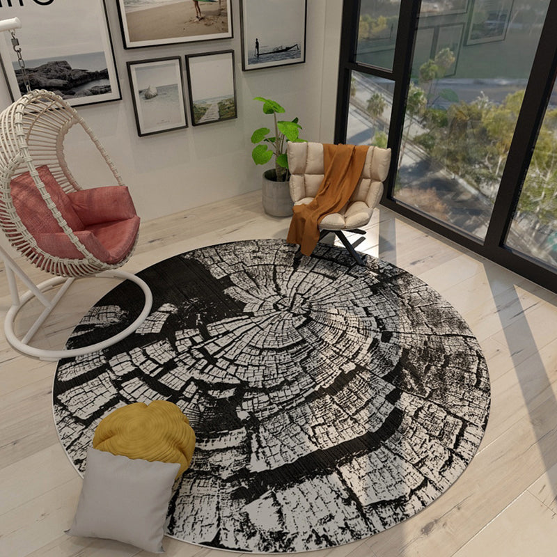 Scandinavian Modern Rug in Black and Grey Abstract Wood Grain Moon Pattern Rug Polyester Non-Slip Carpet for Home Decor