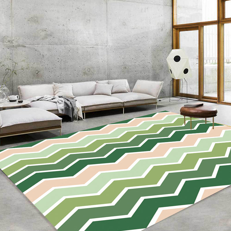 Green Bedroom Rug Modern Stripe Wave Pattern Area Rug Polyester Washable Non-Slip Backing Carpet