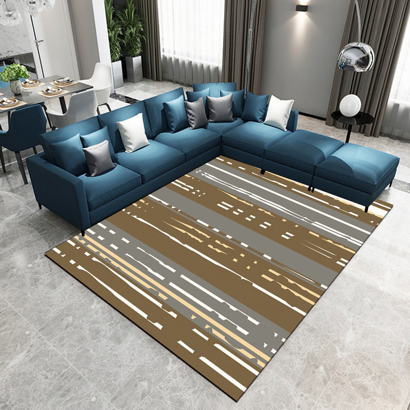 Nordic Modern Rug in Brown Abstract Stripes Pattern Rug Polyester Pet Friendly Carpet for Home Decoration