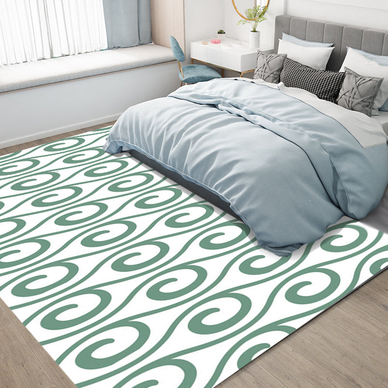 Modern Living Room Rug in White and Green Curved Line Print Rug Polyester Pet Friendly Area Rug