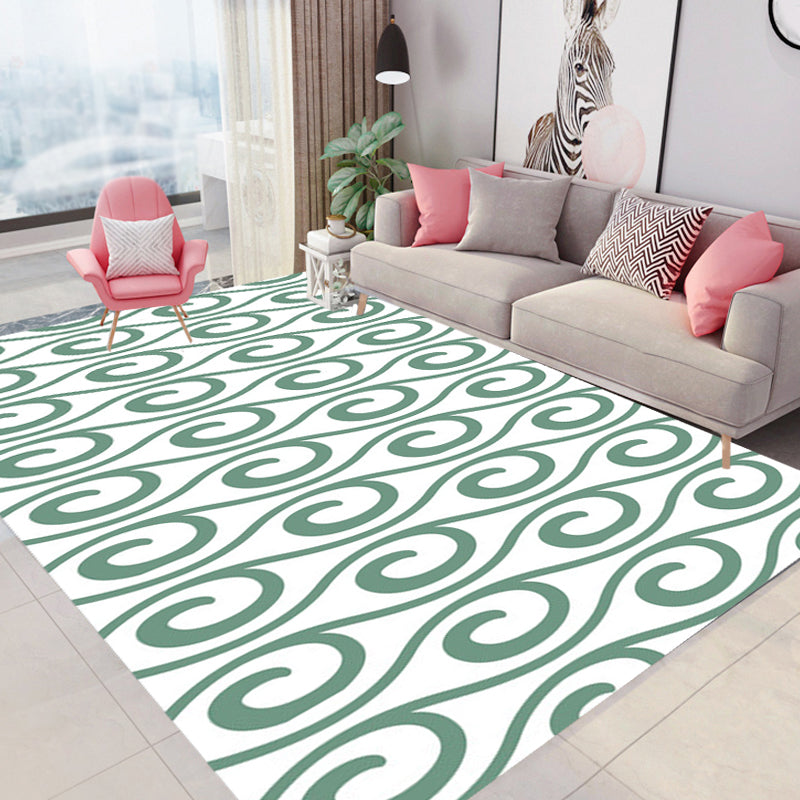 Modern Living Room Rug in White and Green Curved Line Print Rug Polyester Pet Friendly Area Rug