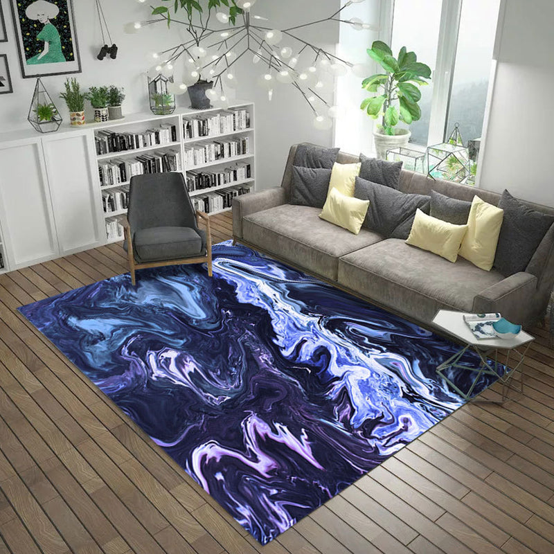 Modern Living Room Rug in Blue and Grey Abstract Oil Painting Print Rug Polyester Machine Washable Area Rug