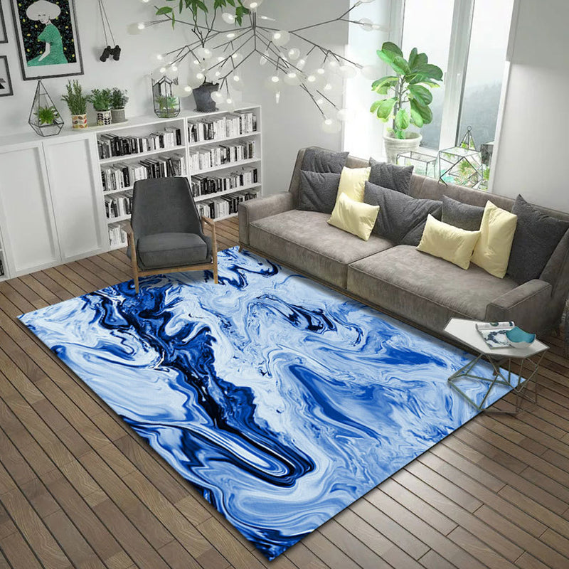 Modern Living Room Rug in Blue and Grey Abstract Oil Painting Print Rug Polyester Machine Washable Area Rug
