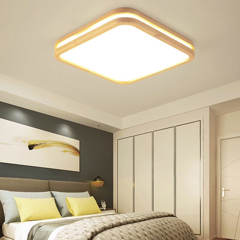 Slim Panel Square Ceiling Mount Light Wood Edge Simple Style 18/26 Inch Wide LED Ceiling Lamp in Beige