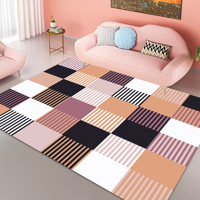 Modern Living Room Rug in Green and Pink Plaid Stripe Print Rug Polyester Machine Washable Area Rug