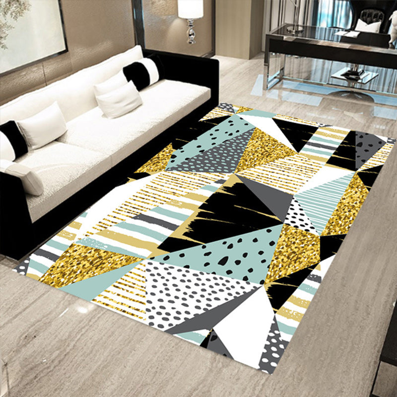 Blue and Yellow Bedroom Rug Modern Color Block Stripe Pattern Area Rug Polyester Stain-Resistant Carpet