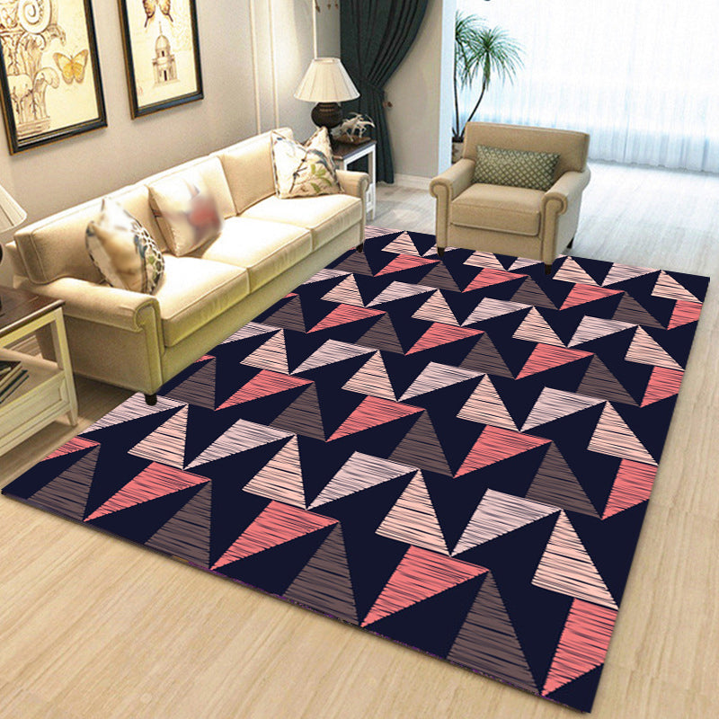 Black Bedroom Rug Modern Geometric Triangle Pattern Area Rug Polyester Stain-Resistant Carpet