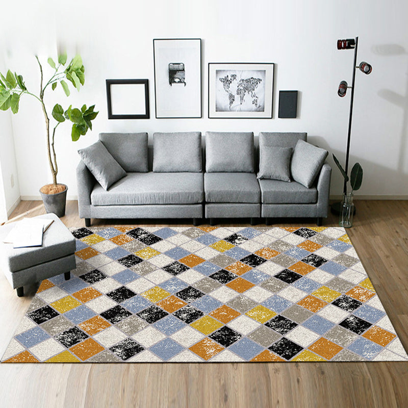 Yellow and Brown Bedroom Rug Modern Geometric Square Pattern Area Rug Polyester Stain-Resistant Carpet