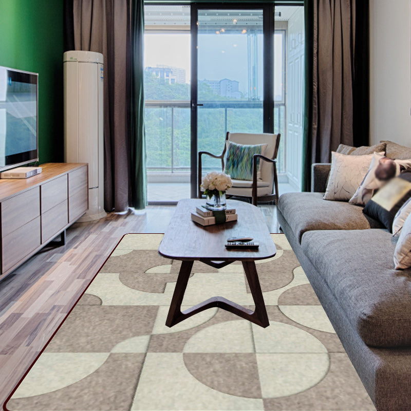 Brown Bedroom Rug Modern Color Block Circle Pattern Area Rug Polyester
Machine Washable Carpet