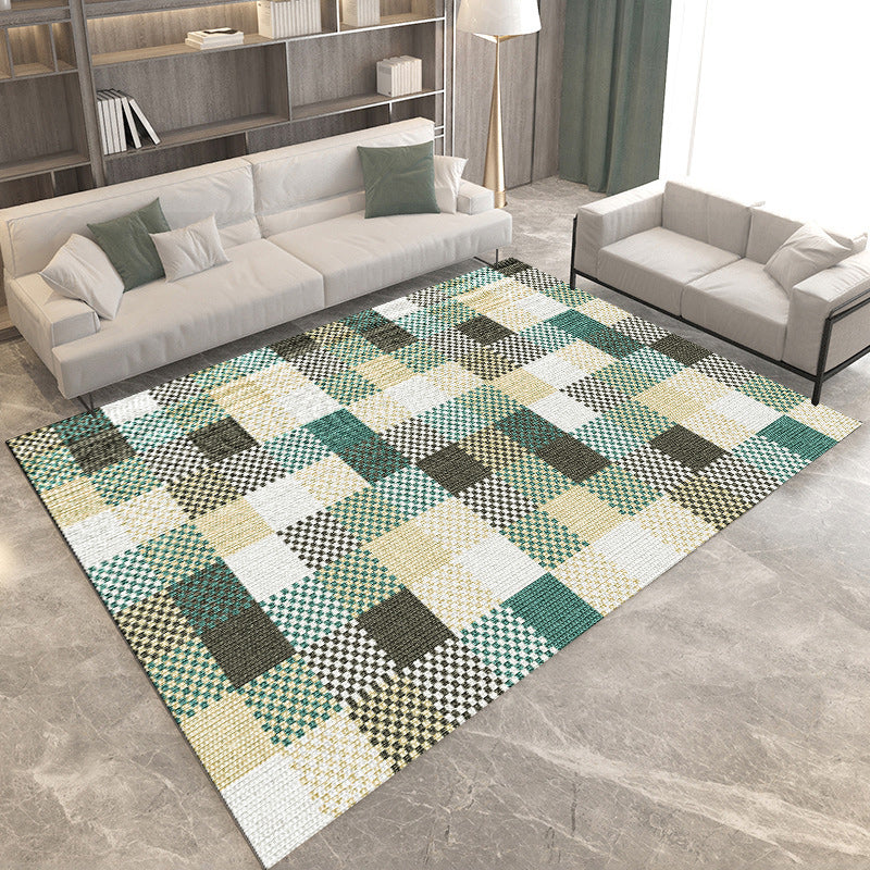 Modern Living Room Rug in Brown and Green Color Block Geometry Print Rug Polyester Non-Slip Backing Area Rug