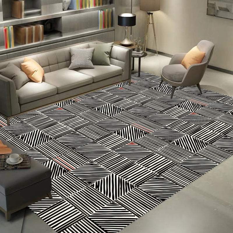 Modern Living Room Rug in Black Stripes Print Rug Polyester Anti-Slip Backing Area Rug