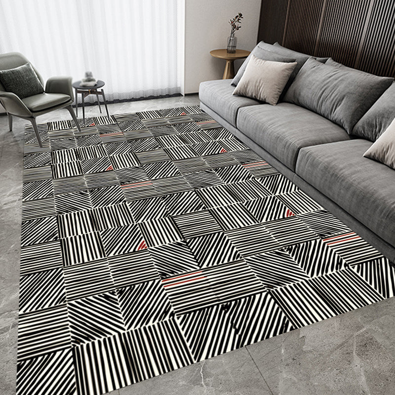 Modern Living Room Rug in Black Stripes Print Rug Polyester Anti-Slip Backing Area Rug
