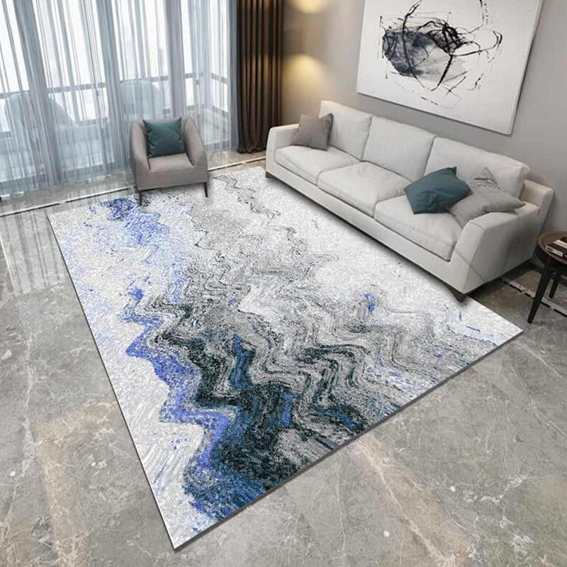Blue and Grey Bedroom Rug Modern Abstract Brushstroke Painting Pattern Area Rug Polyester Pet Friendly Carpet