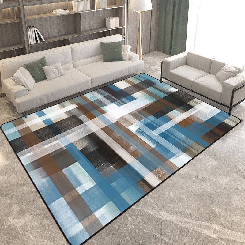 Blue and Brown Bedroom Rug Modern Abstract Painting Pattern Area Rug Polyester Non-Slip Backing Carpet
