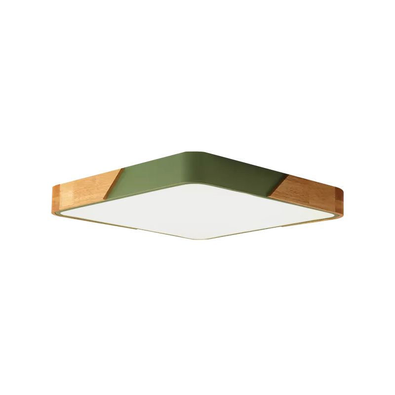 Plafonnier carré de chambre à coucher, éclairage encastré vert nordique avec abat-jour en bois et acrylique pour enfants